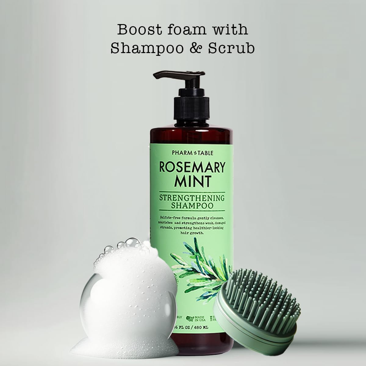 PHARM TO TABLE Shampoing Romarin Menthe – étiquette et ingrédients naturels visibles.