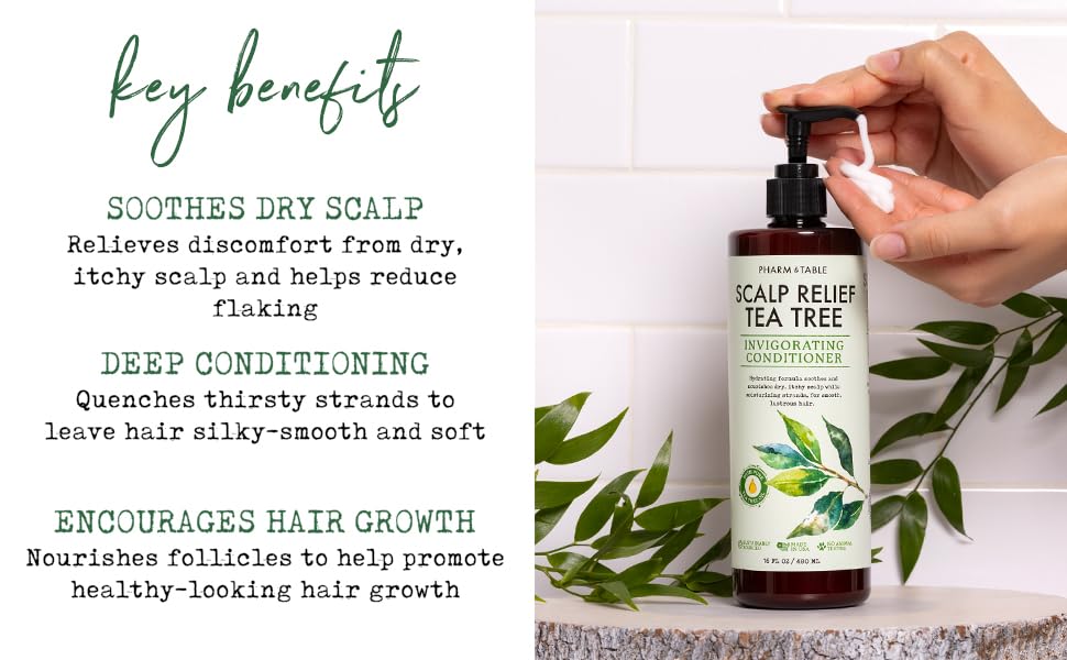 PHARM TO TABLE Tea Tree Conditioner ingredients including tea tree, sunflower, aloe and argan oils