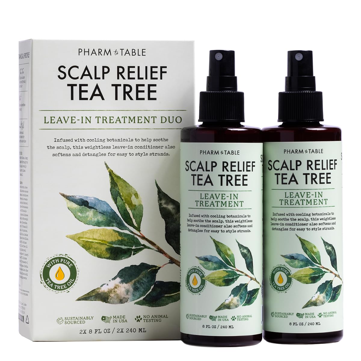 PHARM TO TABLE Tea Tree Leave-In Spray bottle provides hydrating scalp relief.