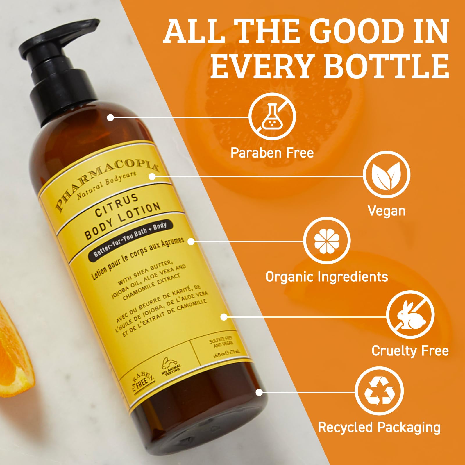 Pharmacopia Lotion Citrus, ingrédients karité et aloe : nourrissante pour peau sèche et irritée.