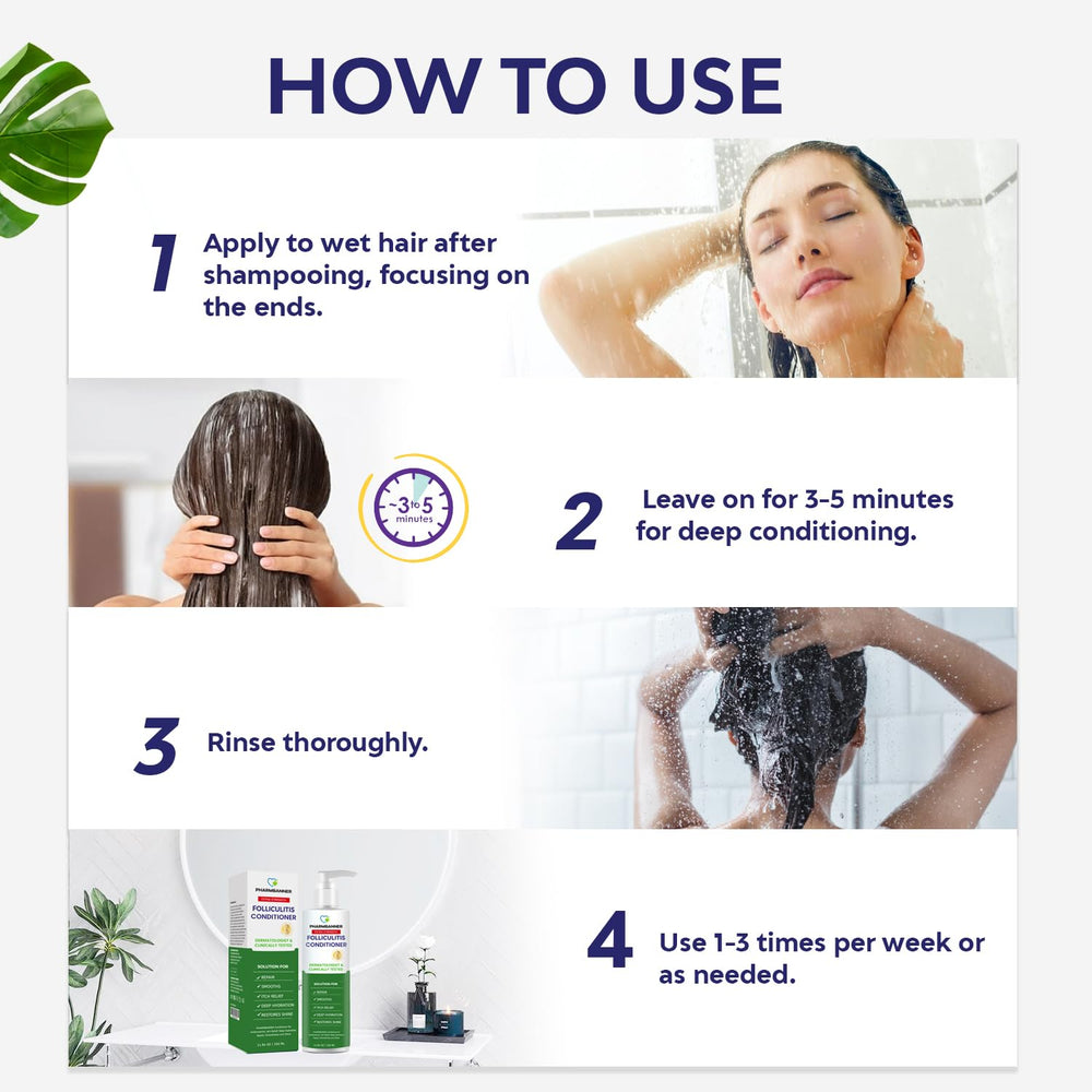 Lissage et contrôle des frisottis par PHARMBANNER après-shampooing.