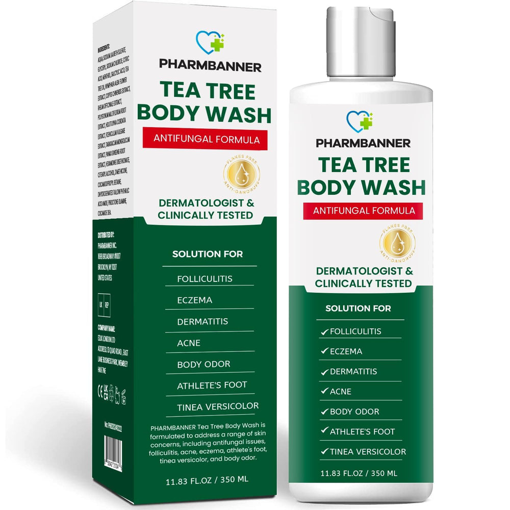 PHARMBANNER Tea Tree Body Wash, bouteille: nettoyage en douceur et fraîcheur durable.