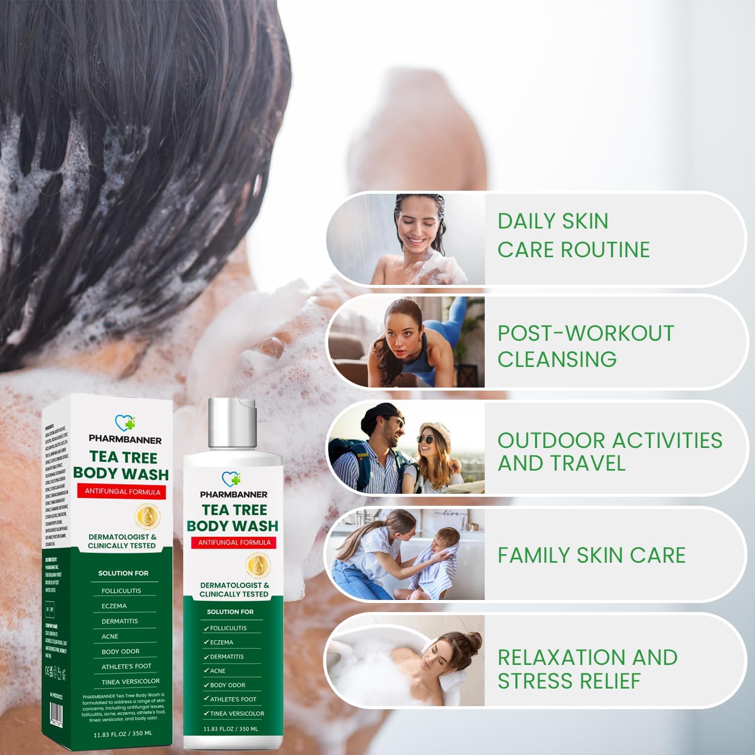 PHARMBANNER Tea Tree Body Wash, gel purifiant: aide à éliminer les impuretés et les odeurs.