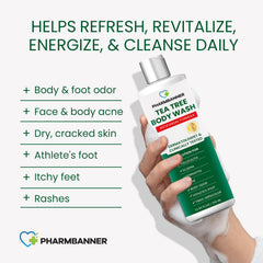 PHARMBANNER Tea Tree Body Wash, mousse onctueuse: hydratation qui apaise la peau.