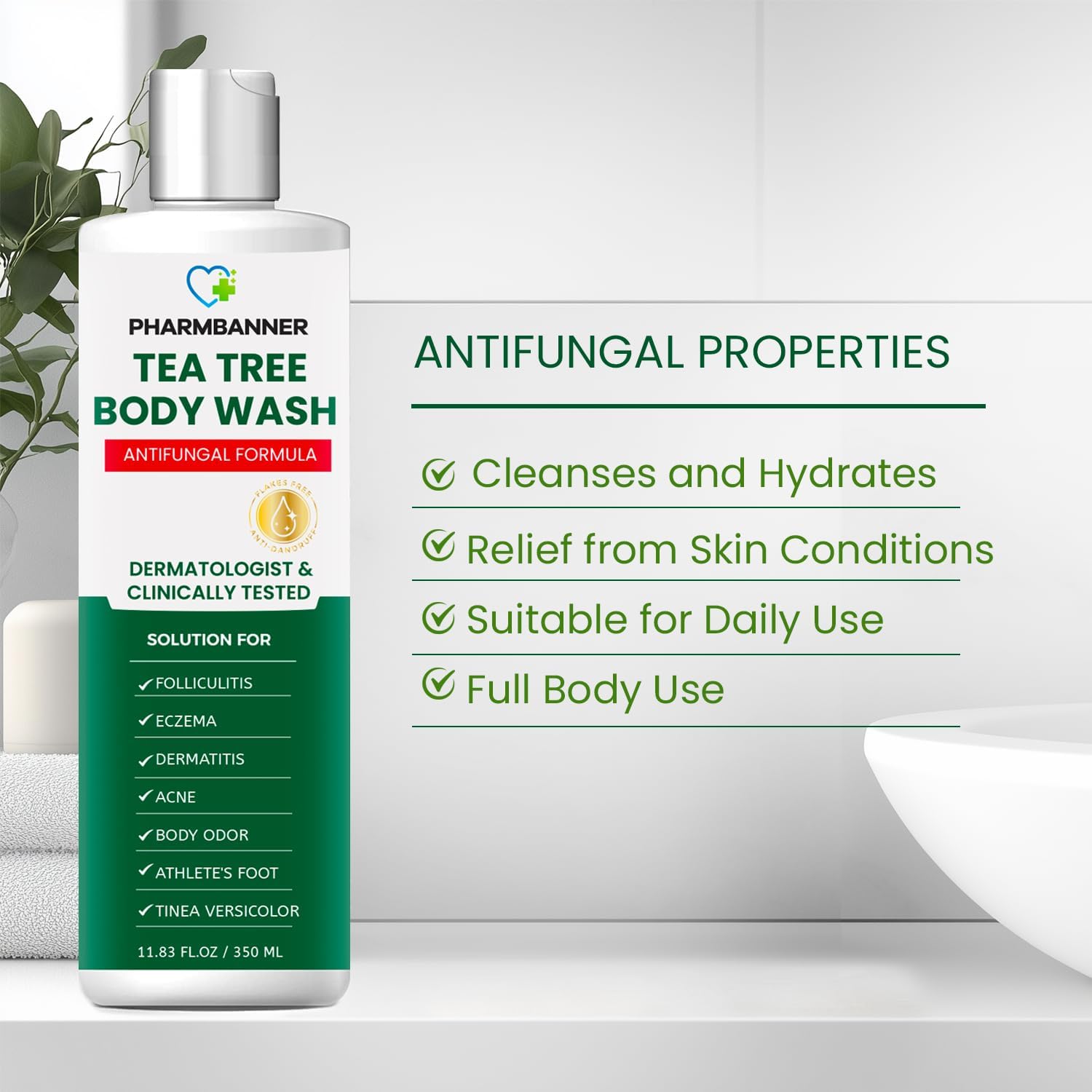 PHARMBANNER Tea Tree Body Wash, usage quotidien: parfait pour hommes et femmes.