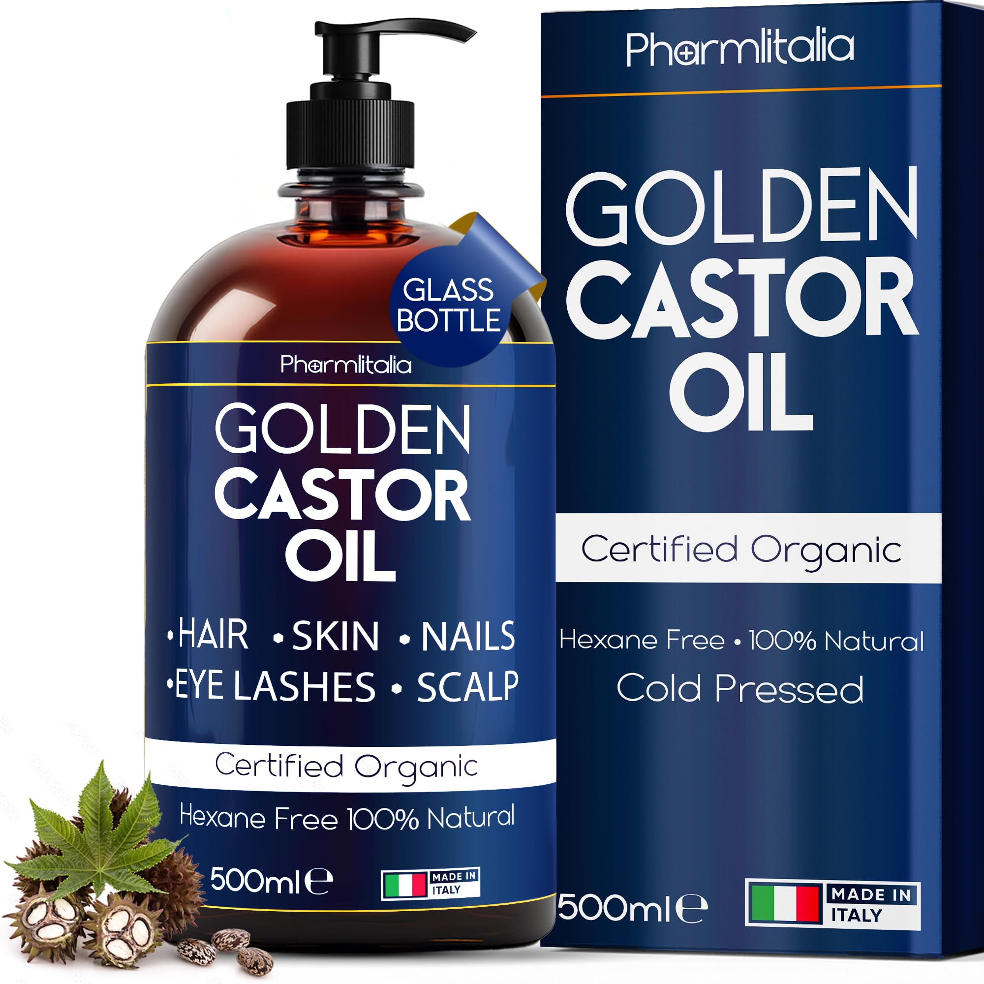 Pharmlitalia Caster Oil in dark glass bottle for preserved freshness and protection