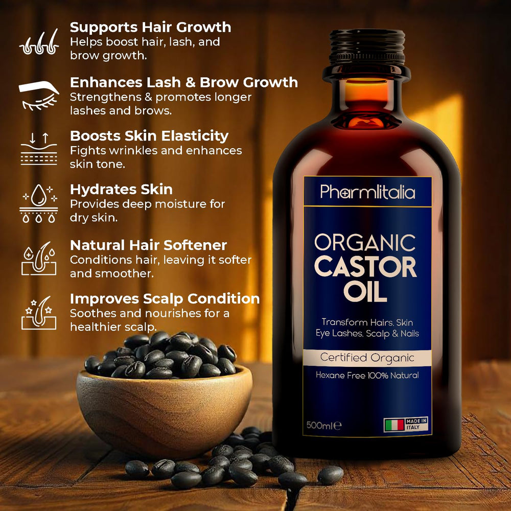 Cold-pressed Pharmlitalia Castor Oil preserving nutrients and moisture