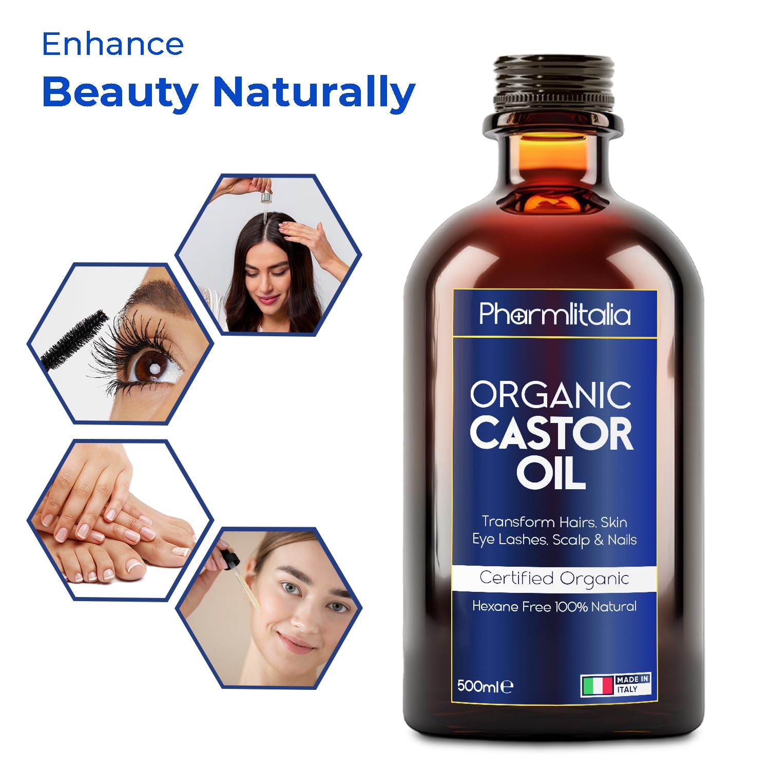 Golden Pharmlitalia Castor Oil with amber hue for hair and skin care