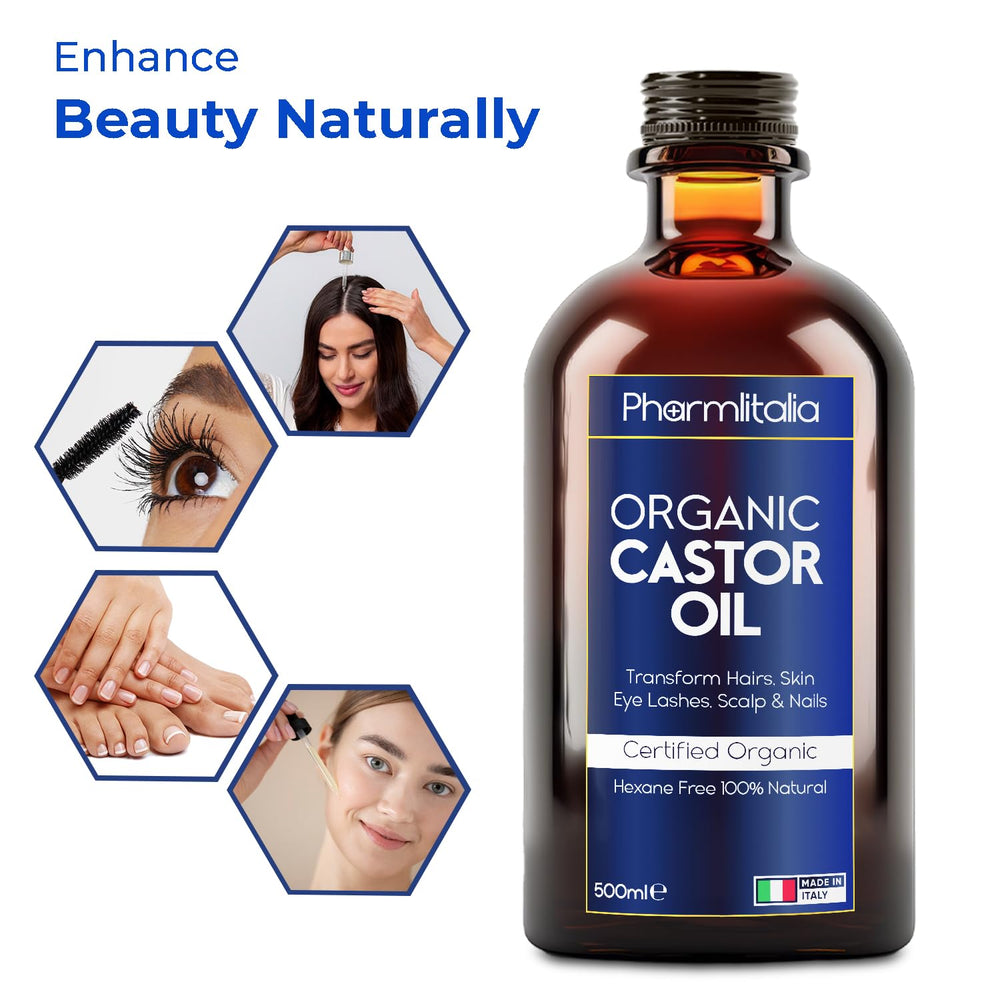 Golden Pharmlitalia Castor Oil with amber hue for hair and skin care