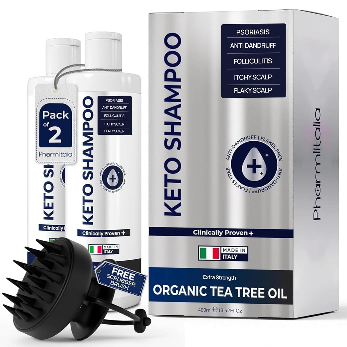 Shampooing Pharmlitalia psoriasis – bouteille visible, apaisement potentiel du cuir chevelu.