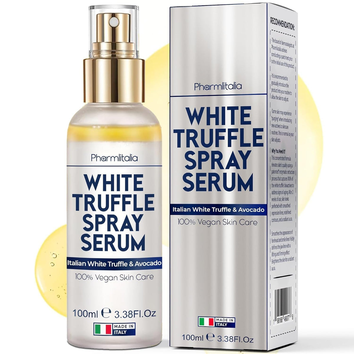 Pharmlitalia spray-serum truffe blanche, flacon élégant, hydratation immédiate.