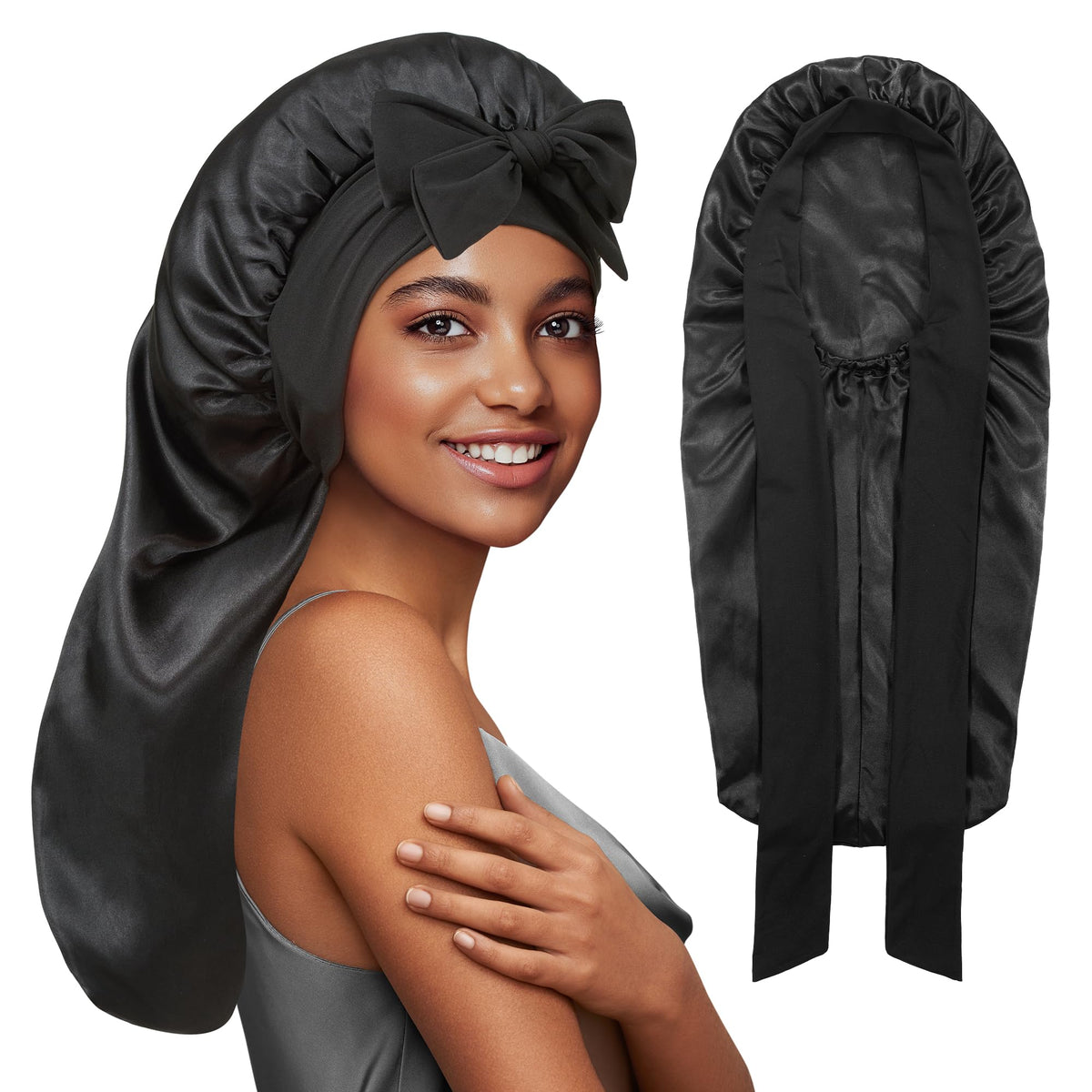 PHILIGHTS bonnet de nuit satin long avec bande ajustable pour un ajustement sécurisé durant le sommeil