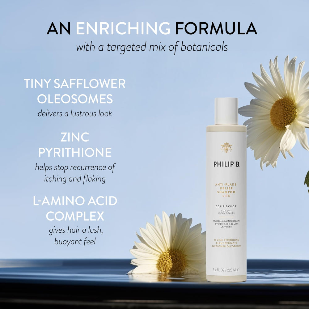 PHILIP B Anti-Flake Relief Shampoo Lite – application apaisante et cheveux plus souples après lavage