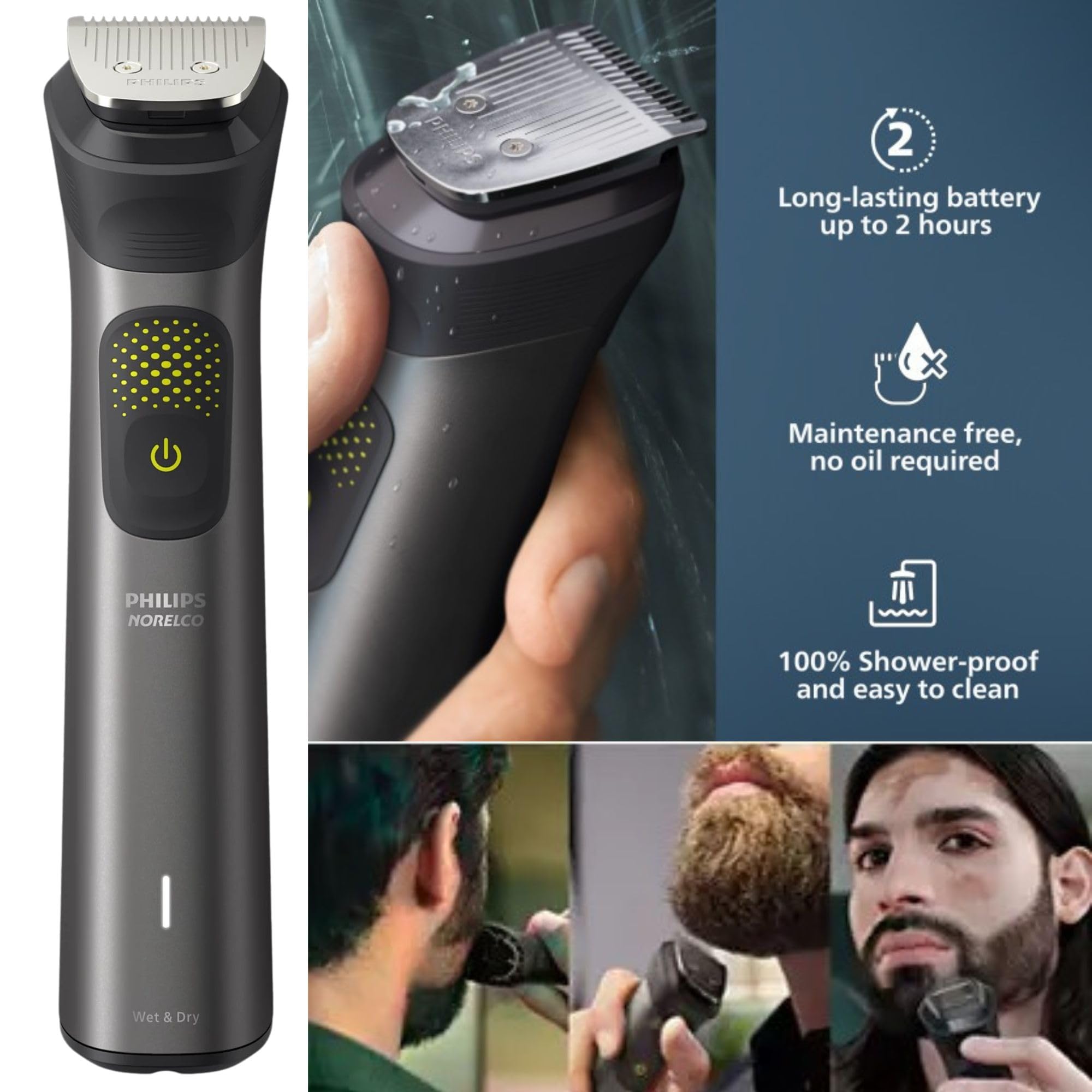 Technologie BeardSense ajuste automatiquement la puissance pour une coupe homogène.