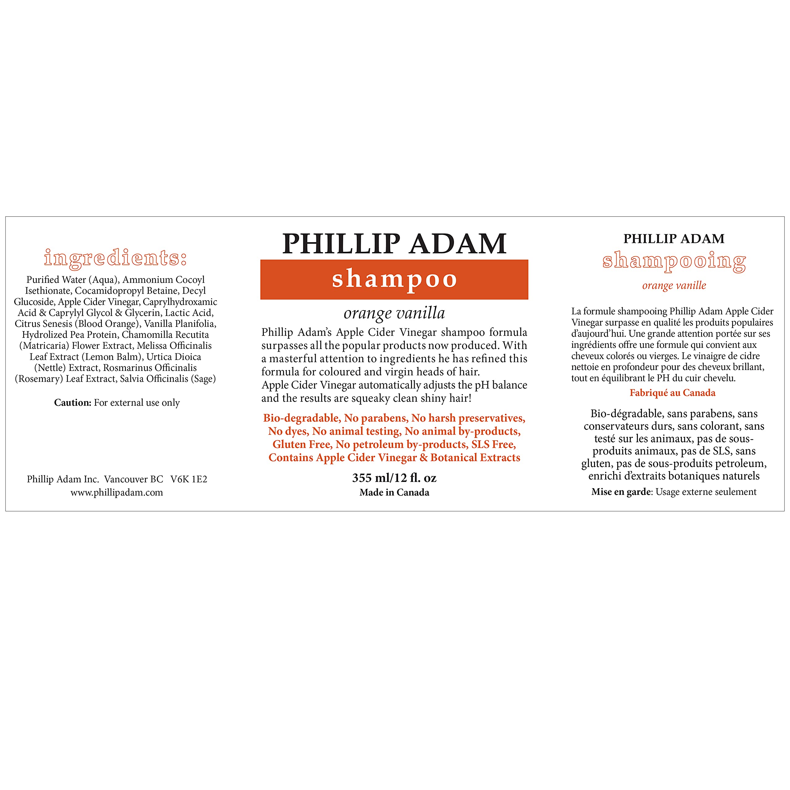 Shampooing Phillip Adam Orange Vanille, flacon avec pompe, facilité d’usage quotidien.