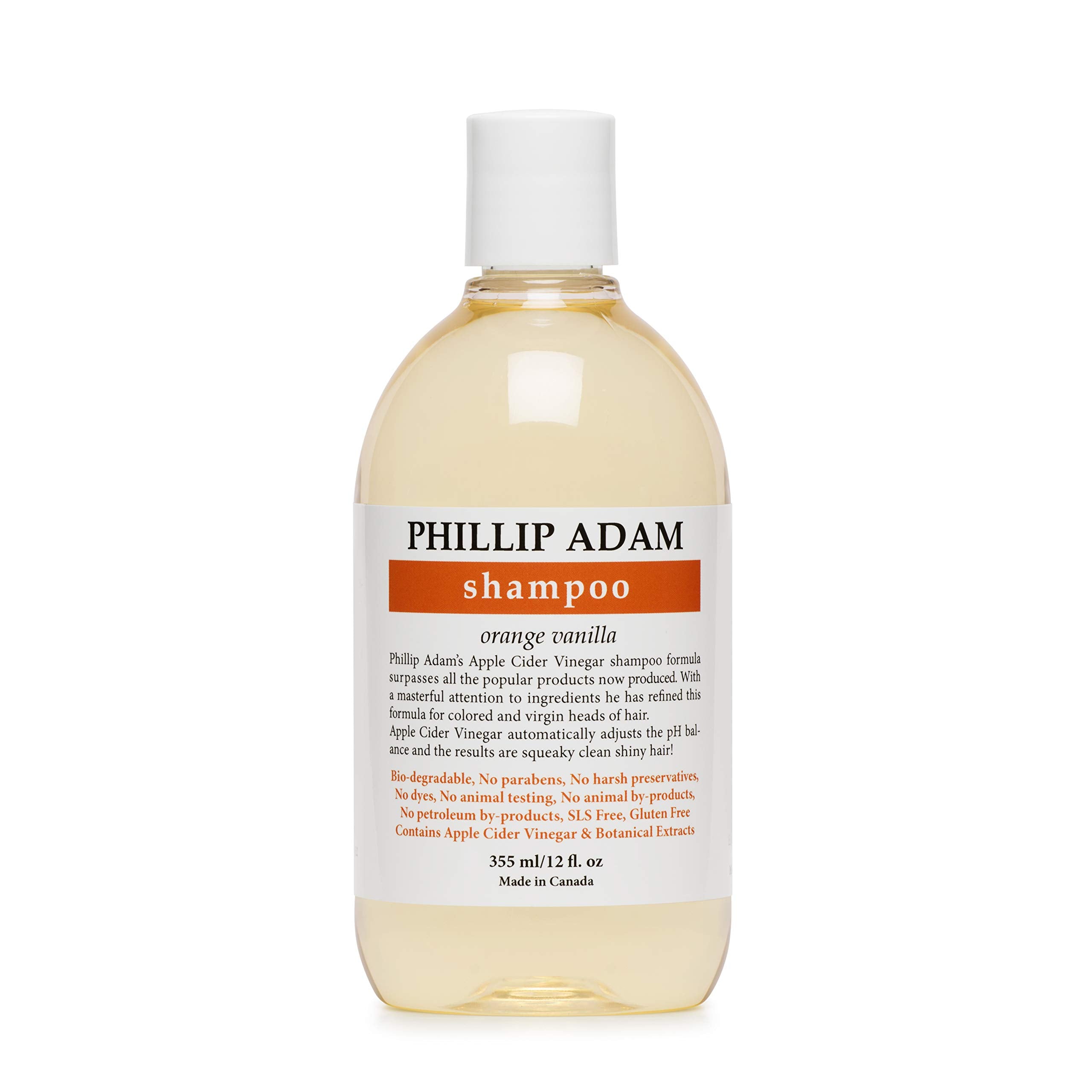 Shampooing Phillip Adam Orange Vanille, flacon recto, convient à tous les types de cheveux.