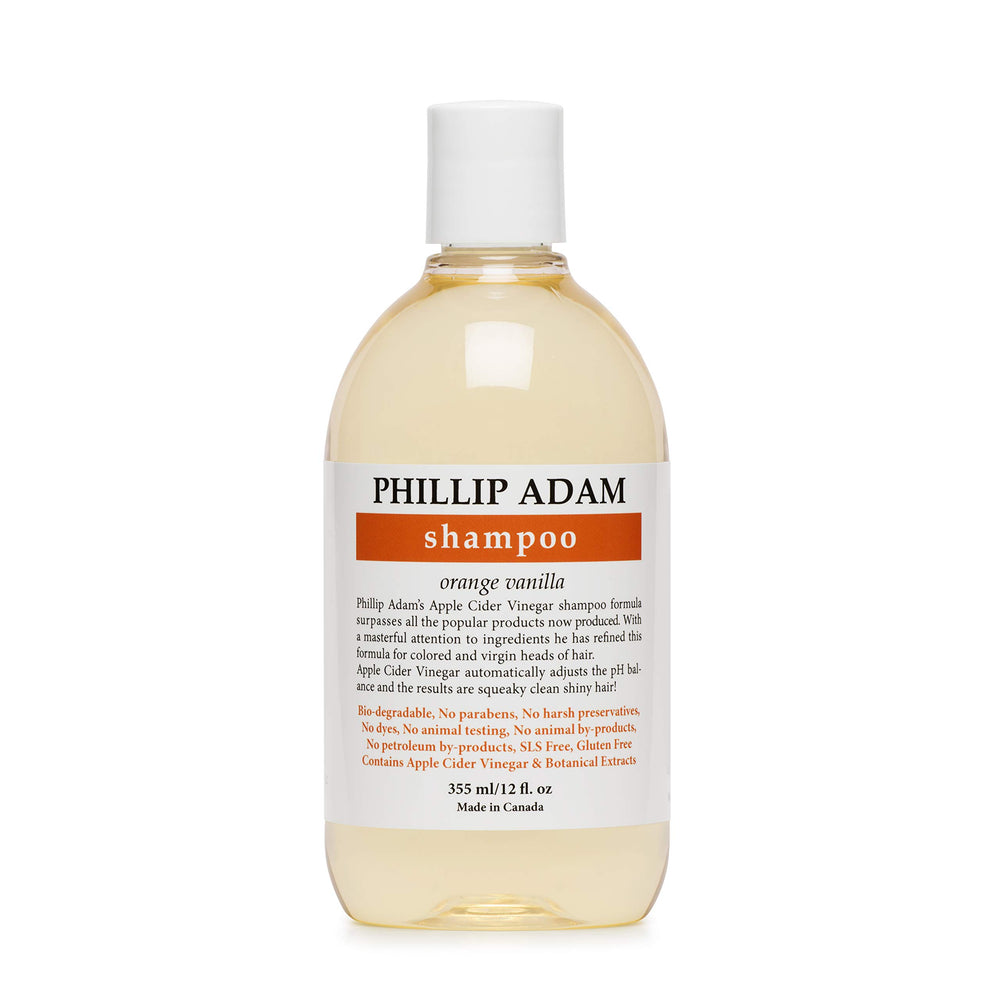 Shampooing Phillip Adam Orange Vanille, flacon recto, convient à tous les types de cheveux.