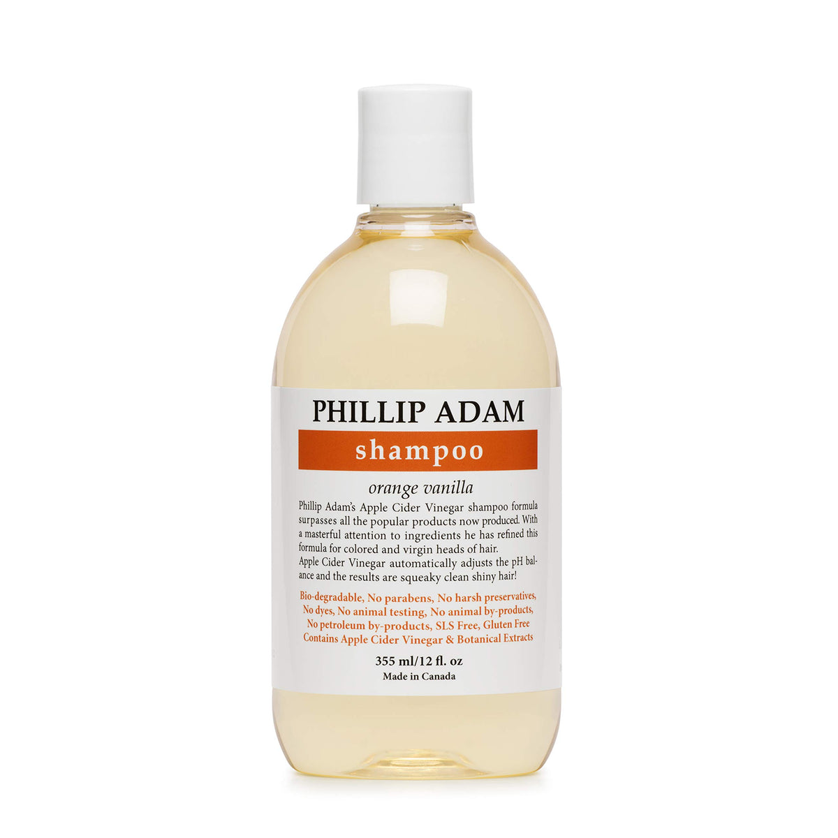 Shampooing Phillip Adam Orange Vanille, flacon recto, convient à tous les types de cheveux.