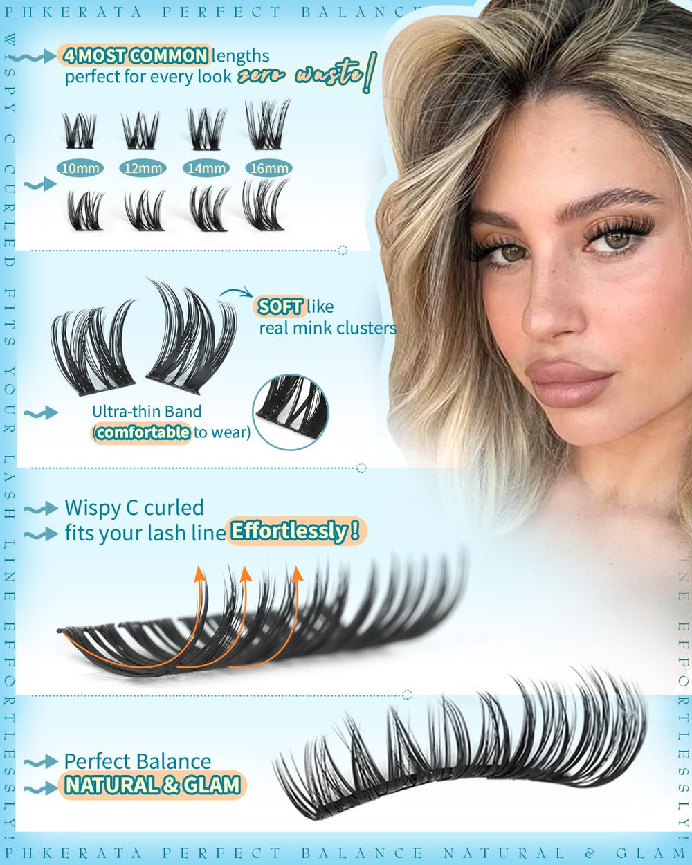 PHKERATA Flora Lash Clusters bande ultra-fine pour un regard sans couture.