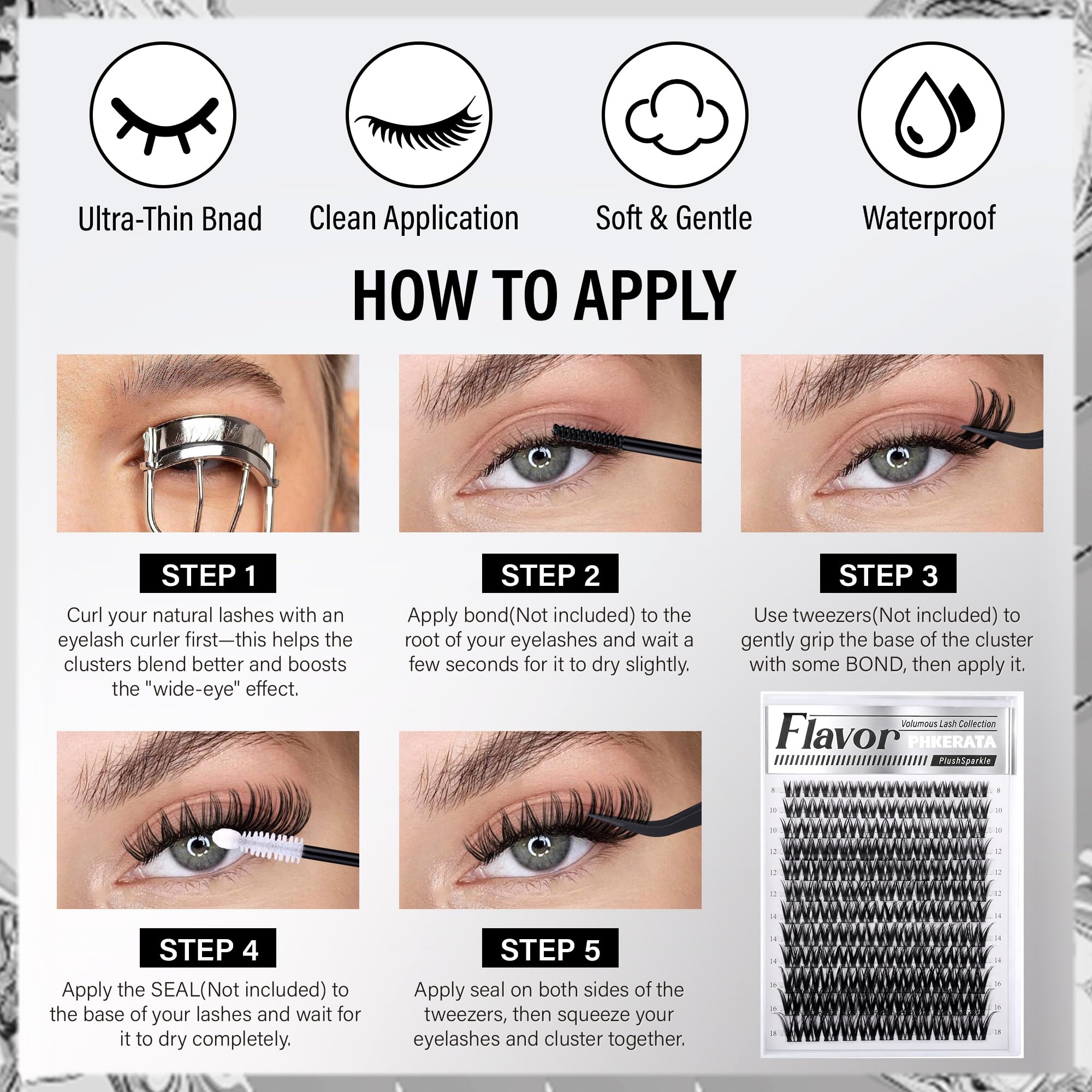PHKERATA Flora Lash Clusters, effet naturel et longueur ajustable pour diverses occasions.