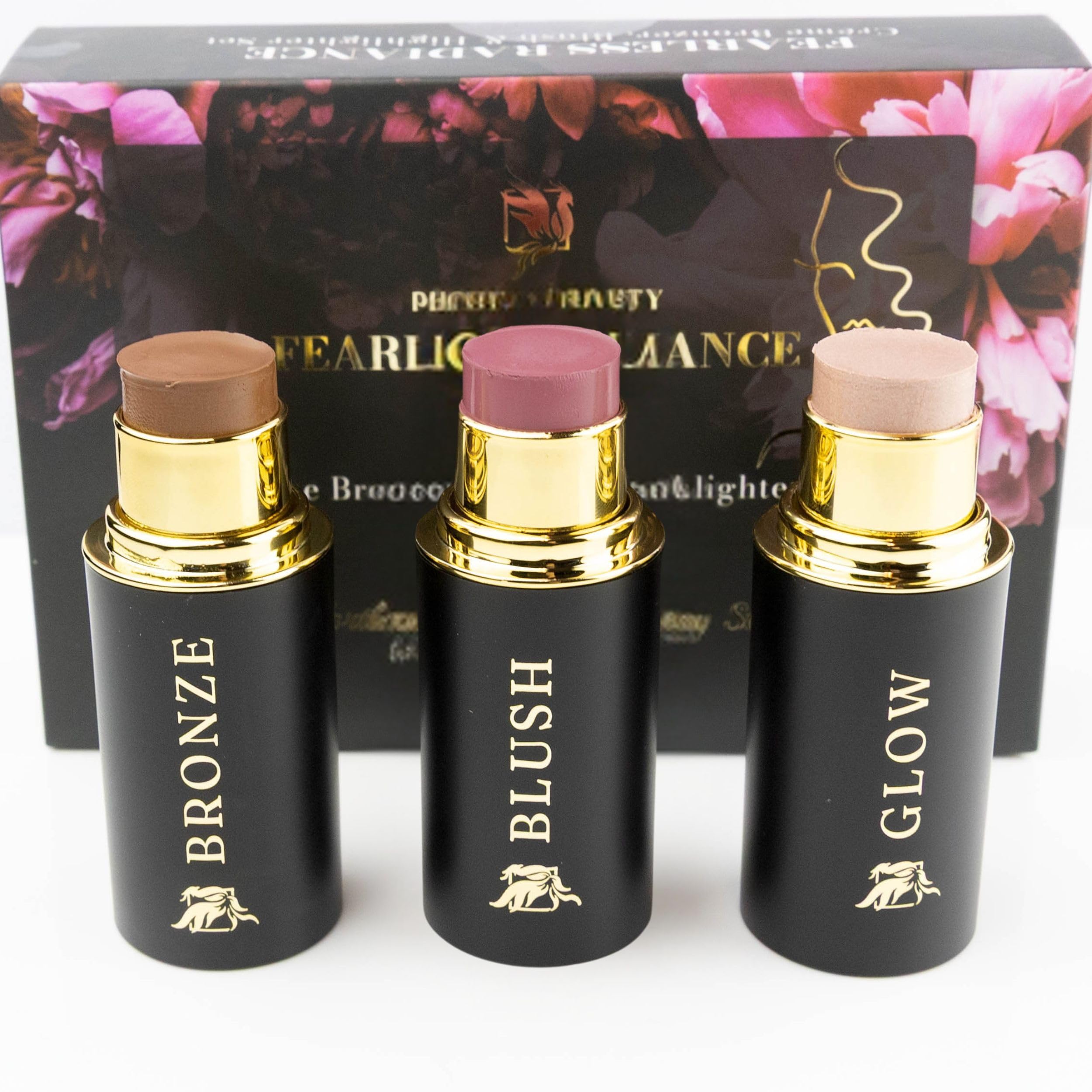 Phoenix Beauty ensemble bâton contour emballage noir et or, élégant et pratique pour déplacements