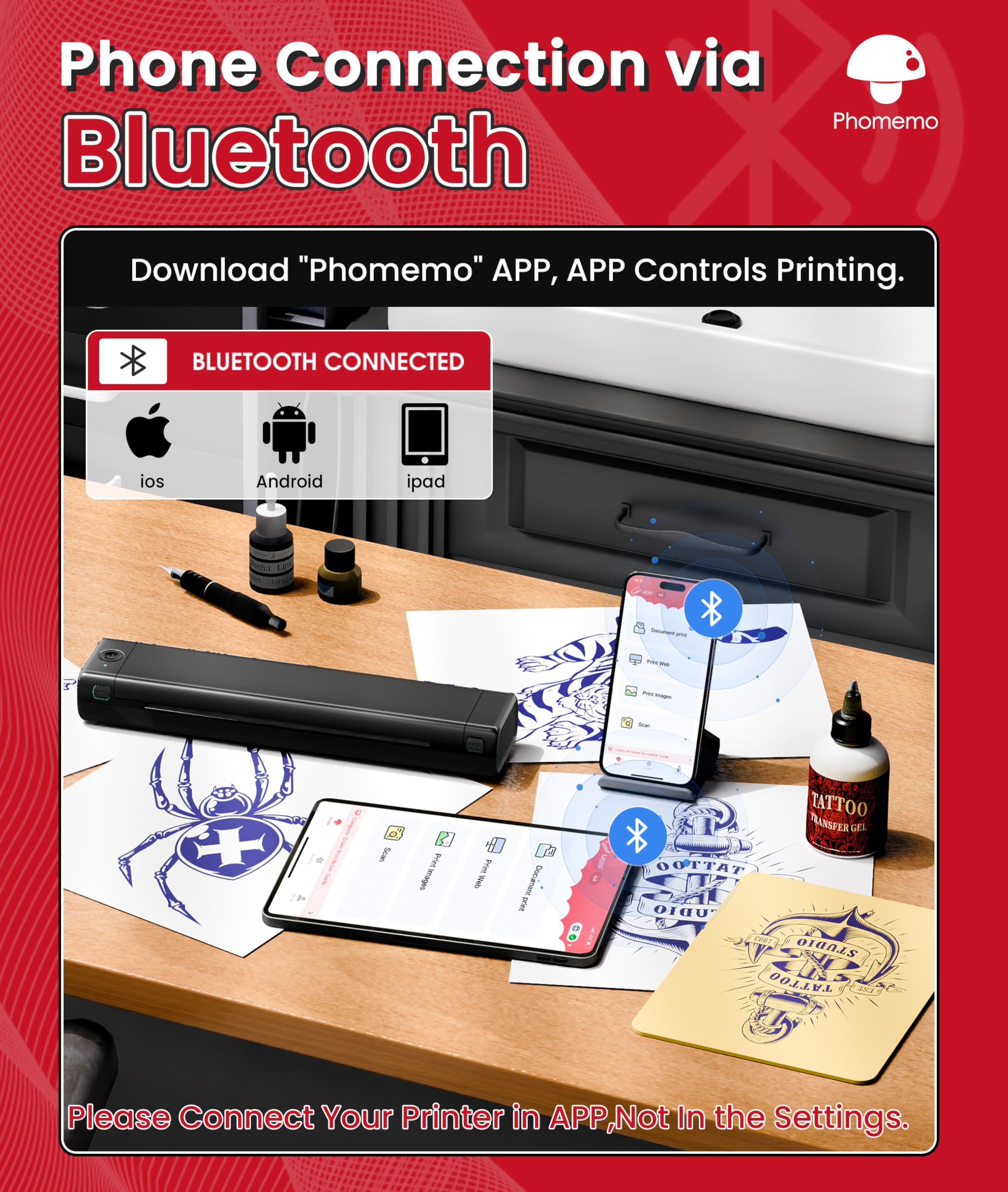 Connexion sans fil Bluetooth entre Phomemo M08F et smartphone.