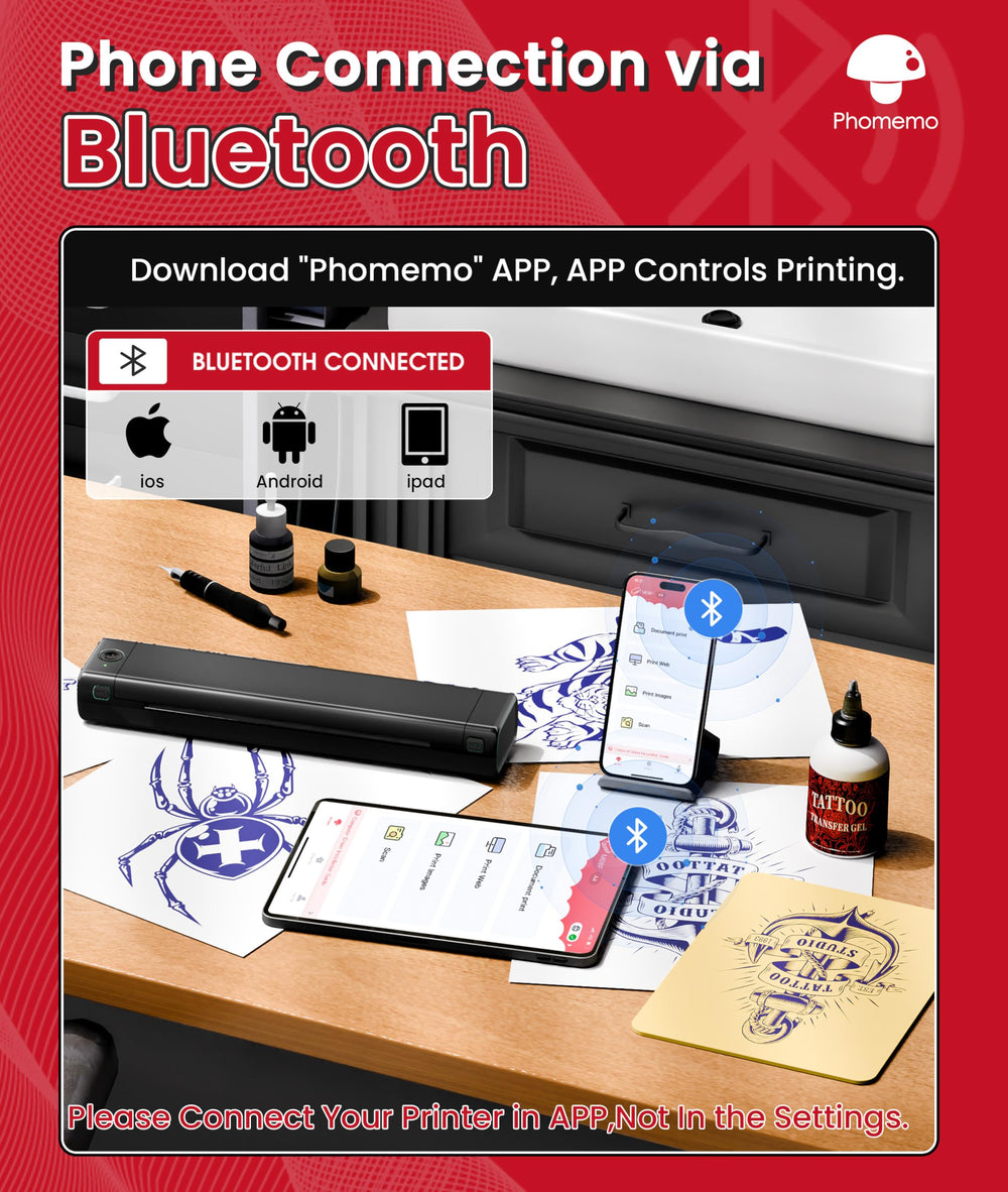 Connexion sans fil Bluetooth entre Phomemo M08F et smartphone.