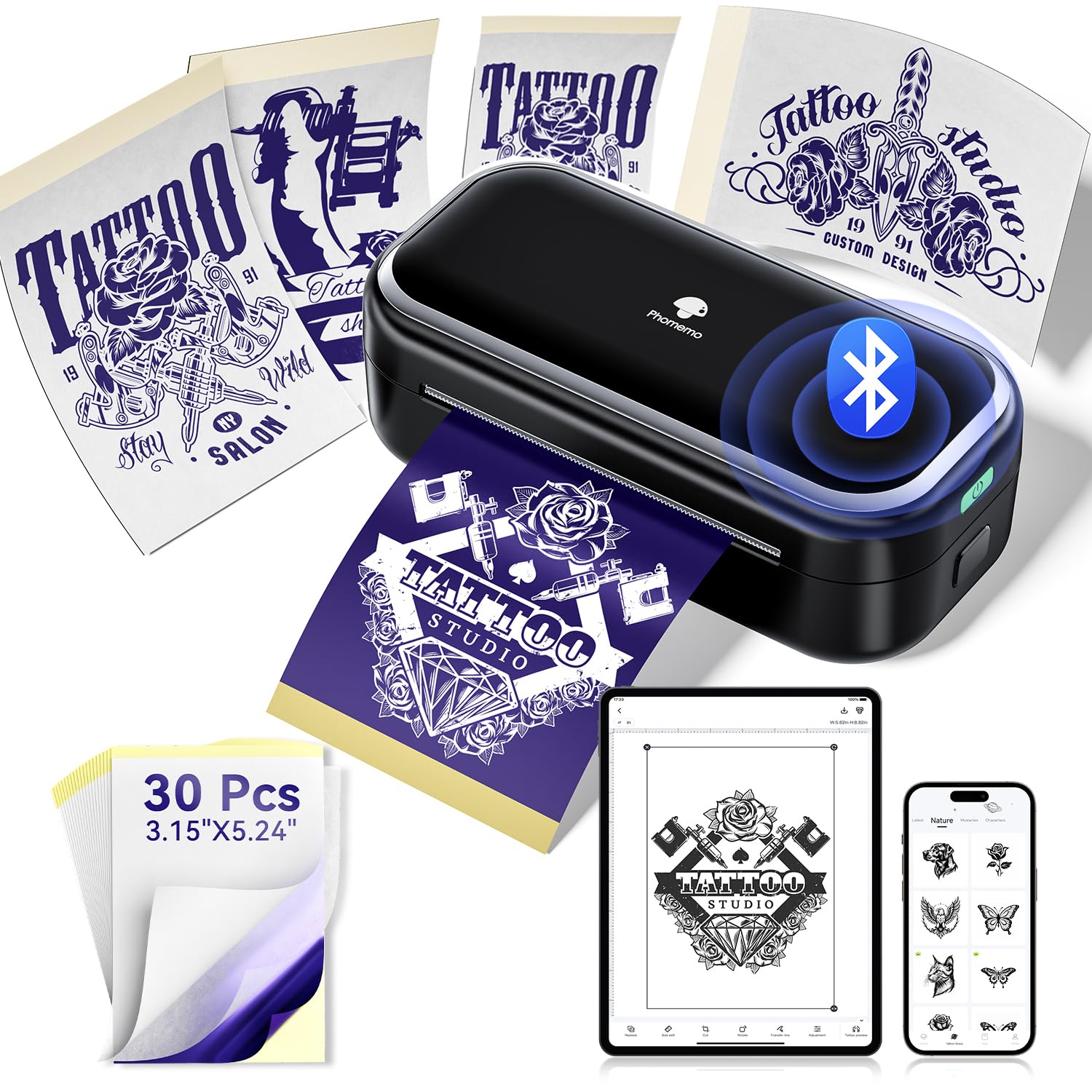 Phomemo TP31 en action, imprimant des pochoirs tatouage miniatures sur smartphone.