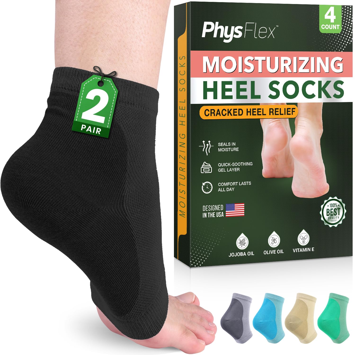 PhysFlex chaussettes talons hydratantes noires pour hydratation nocturne.