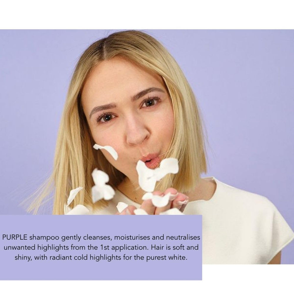 PHYTO Purple Shampoing, etiquette, révèle des reflets naturels sur cheveux gris.