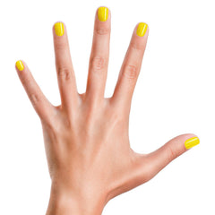 Échantillon sur ongles montrant la teinte jaune soleil Piggy Paint Bae-Bee Bliss.