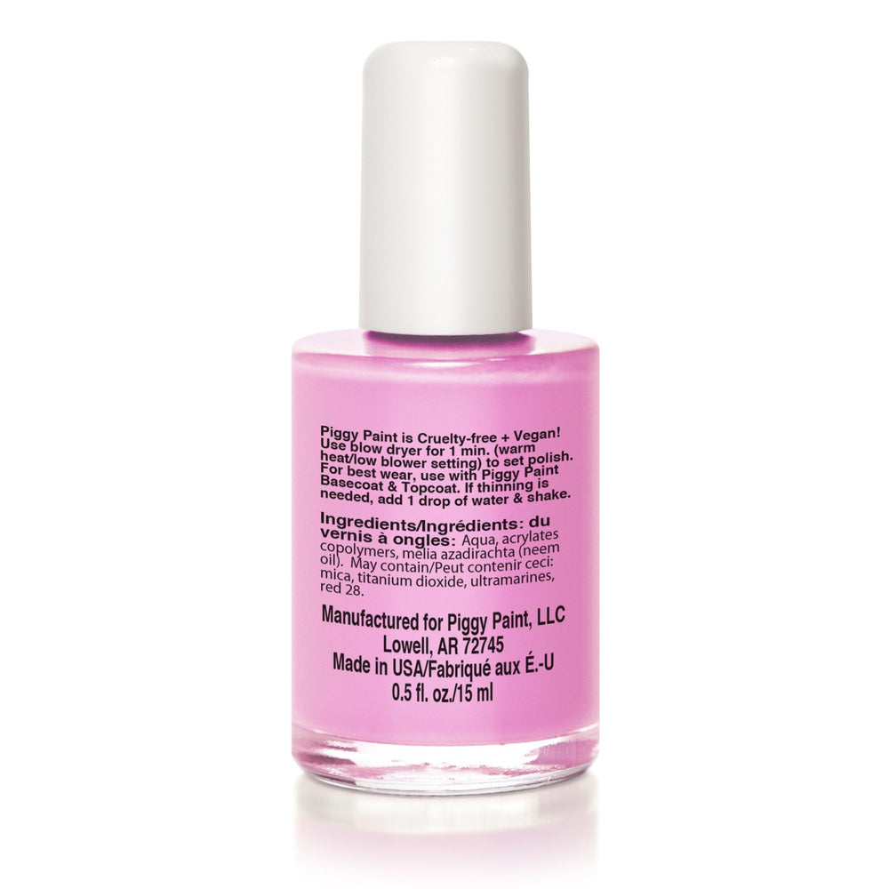 Échantillon Piggy Paint Pinkie Promise rose néon sur ongle d'enfant, couleur vive.