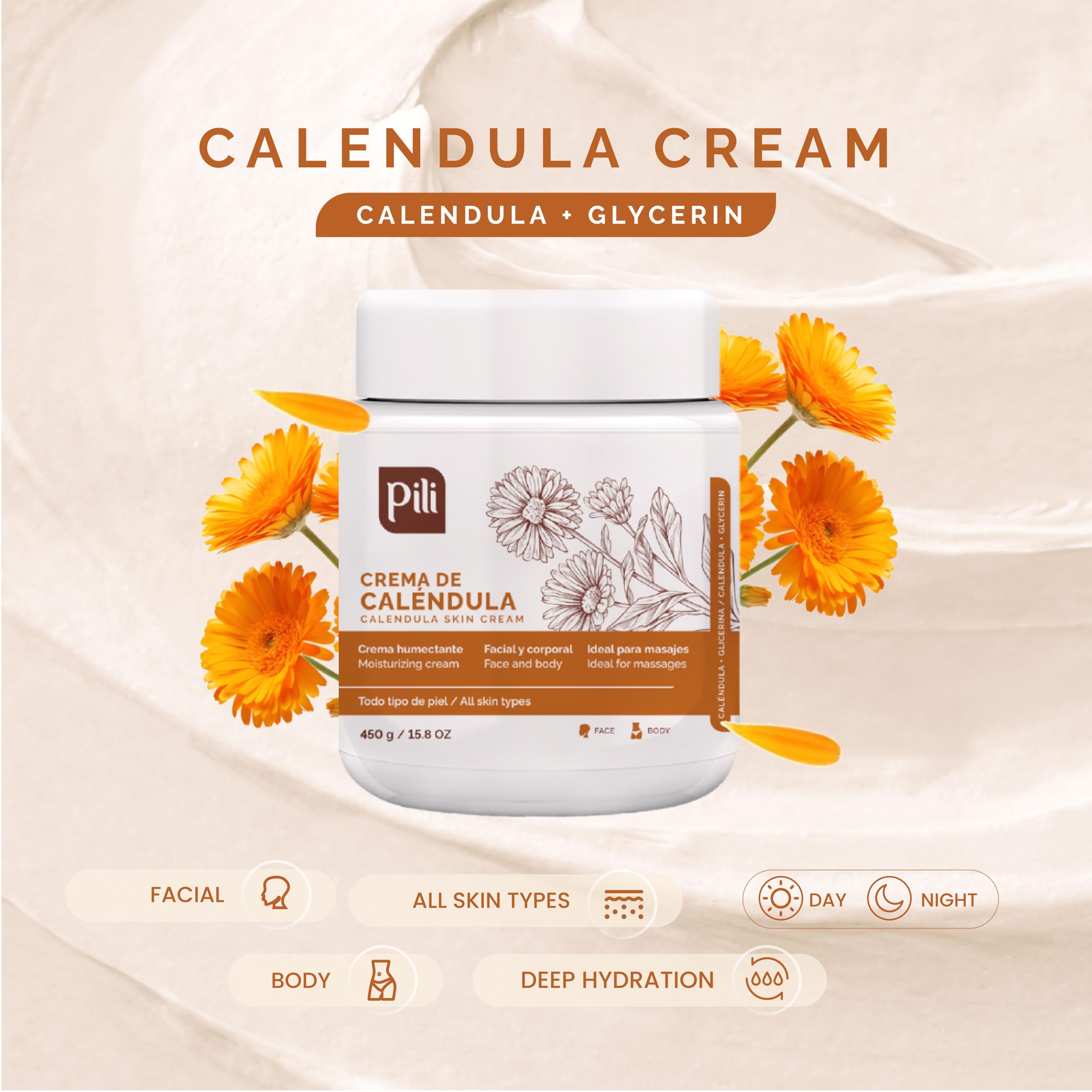 Pili Natural Crème Calendula, hydratation quotidienne pour peau souple et protégée.