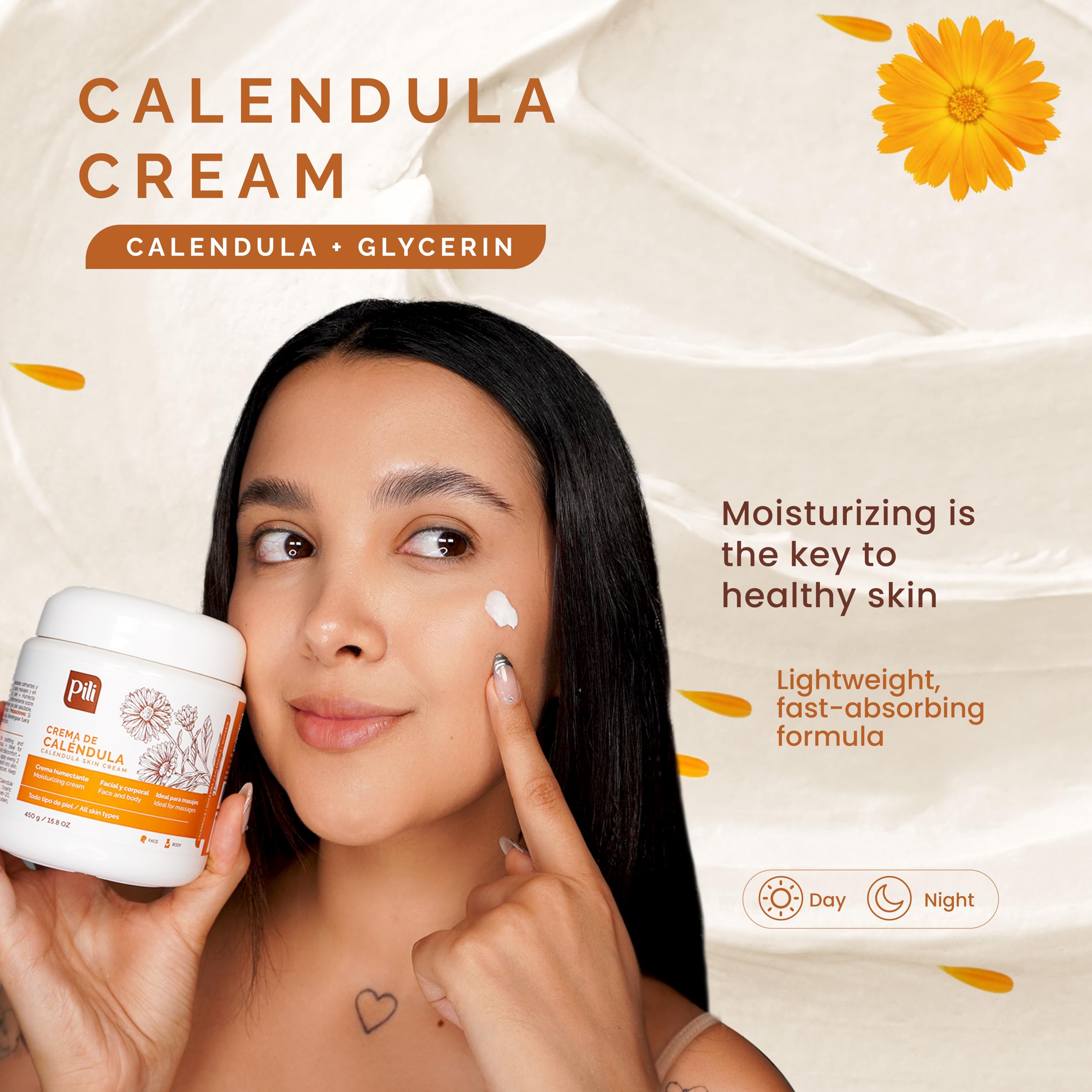 Pili Natural Crème Calendula, présentation trio pratique pour voyages et domicile.