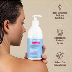 Pilopeptan Woman: lavage en douceur révélant des cheveux plus souples.