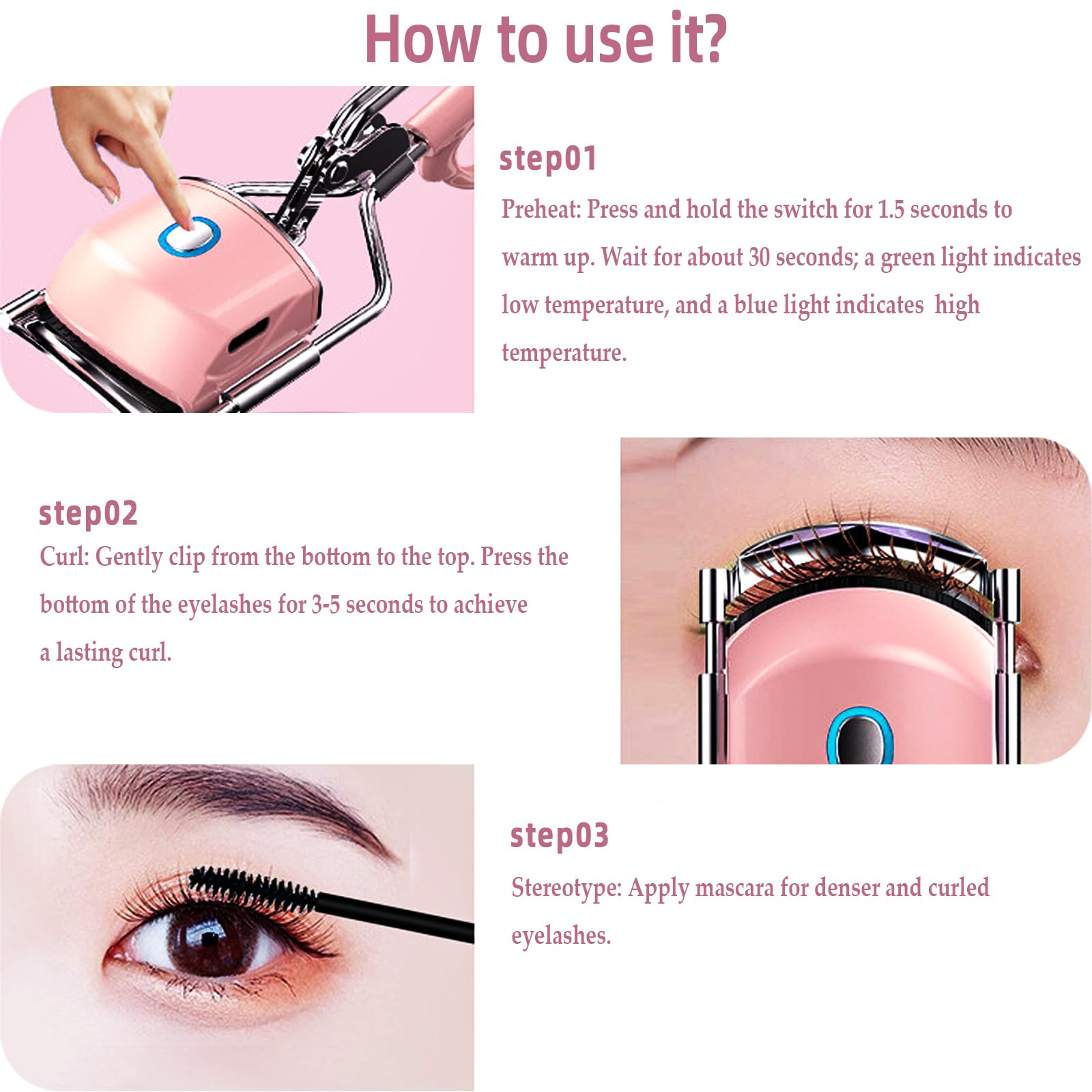 Pinkiou curleur cils thermique, réglage 85°C pour cils épais.
