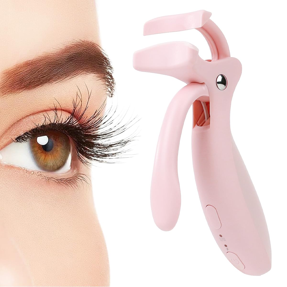 Recourbe-cils Pinkiou chauffant, ergonomique et précis pour une courbe naturelle.