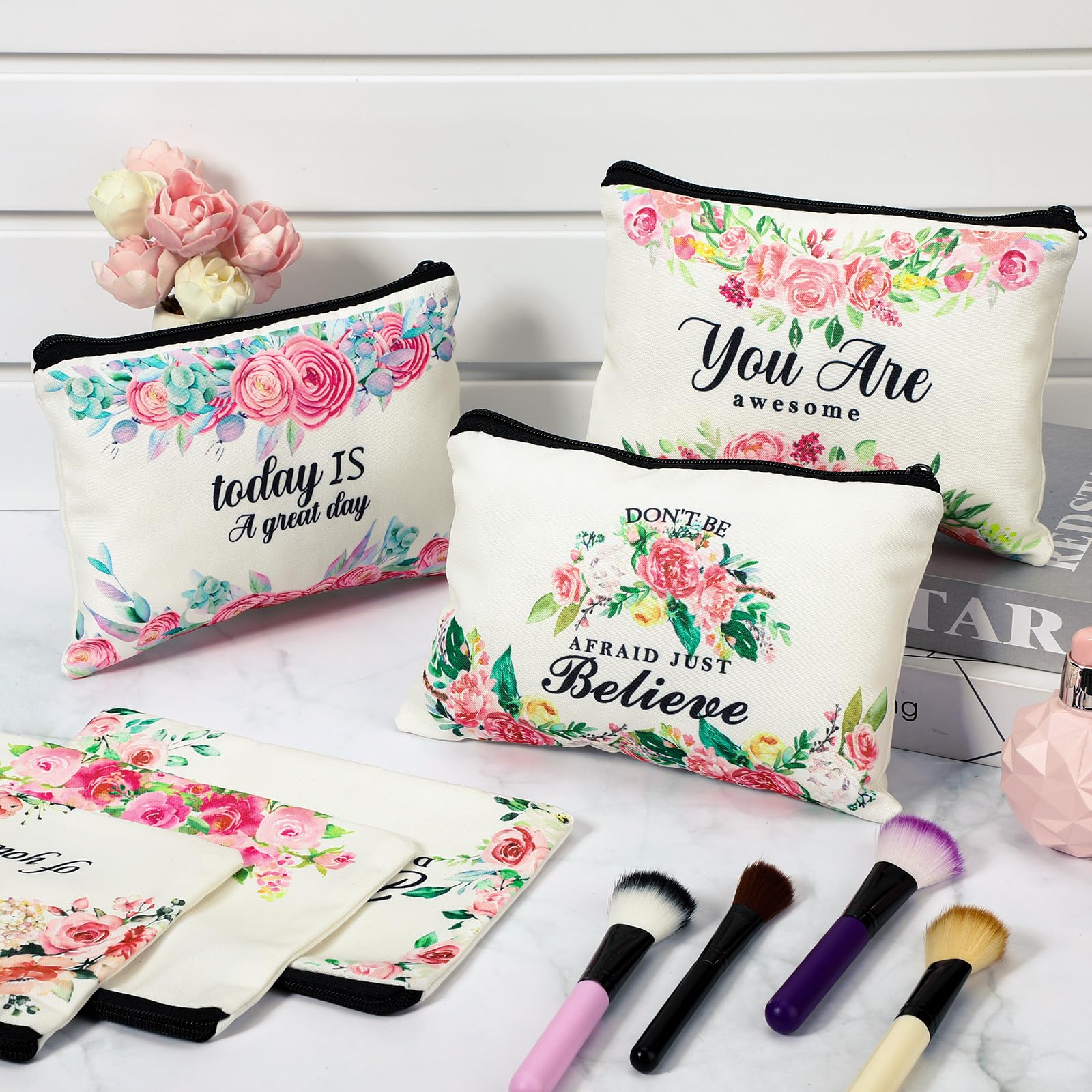 Pinkunn : étui à stylos en toile fleurs, utile pour carnet et fournitures lors des déplacements.