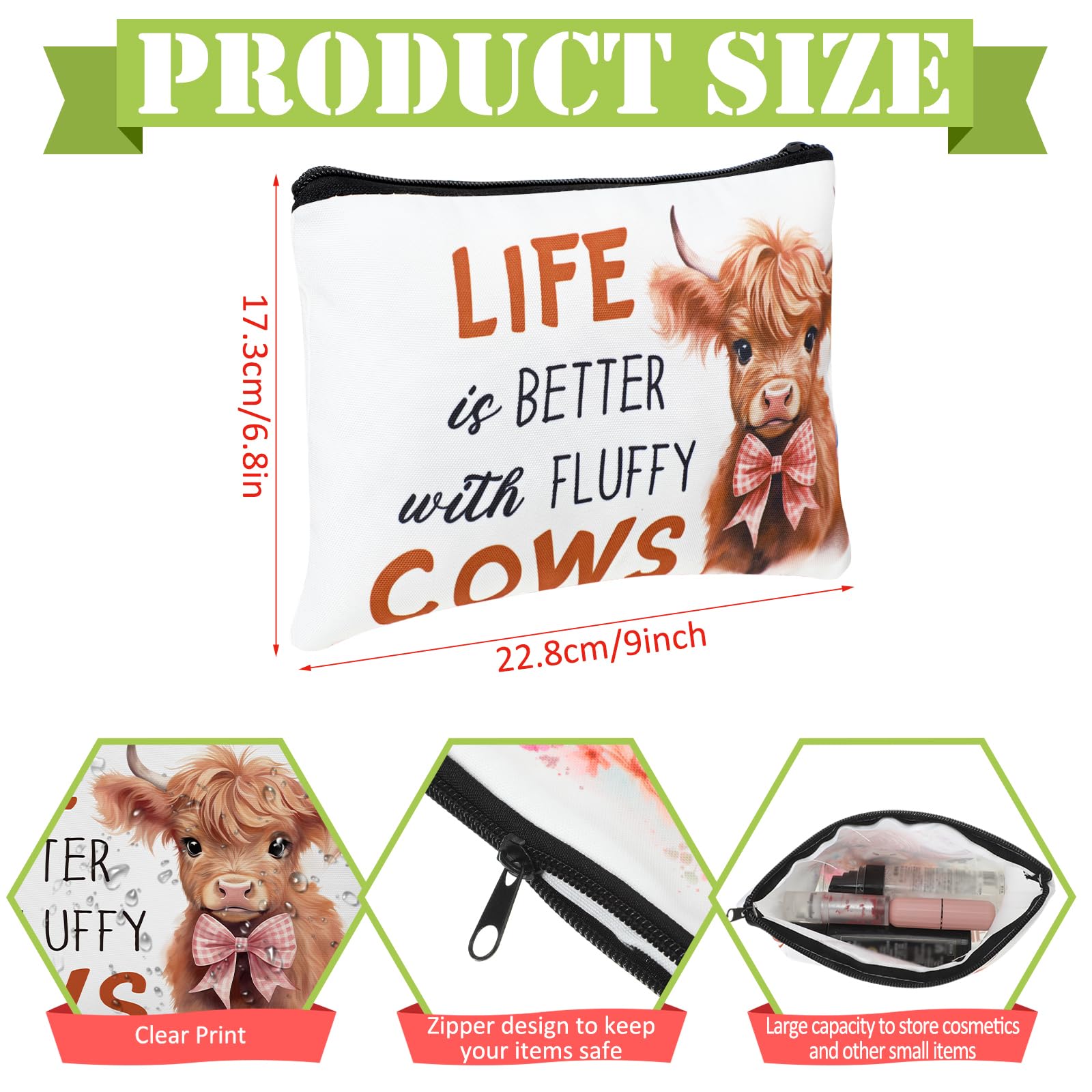 Sac de toilette Pinkunn Highland Cow – fermeture zippée et matériaux durables.