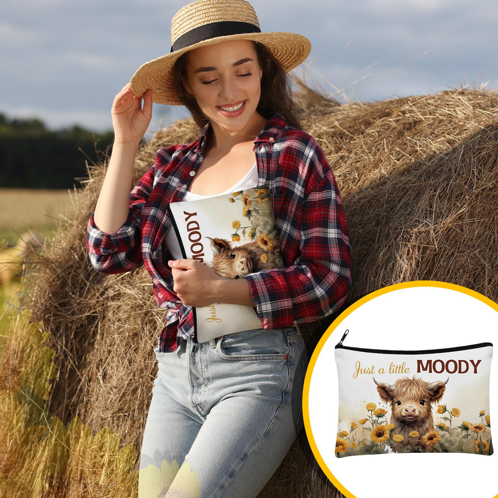 Poche maquillage Pinkunn Highland Cow – compacte et légère, idéale pour voyager.