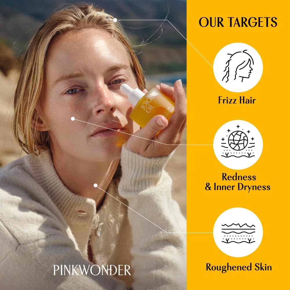 PINKWONDER Huile de jojoba bio, gouttes sur peau, parfum léger apaisant.