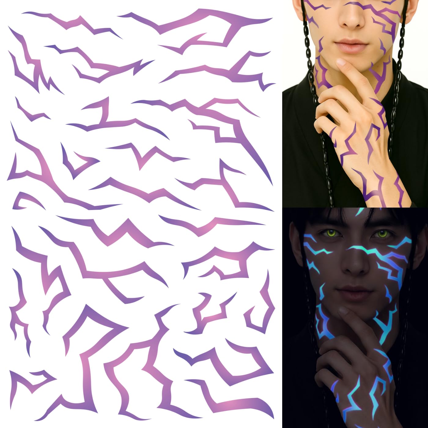 Tatouage UV démon violet Pixel Hearts, énergie lumineuse prête pour les fêtes.
