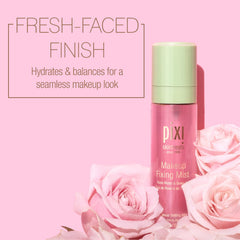 Pixi brume fixatrice eau-de-rose infusée, hydratation légère et fraîche.