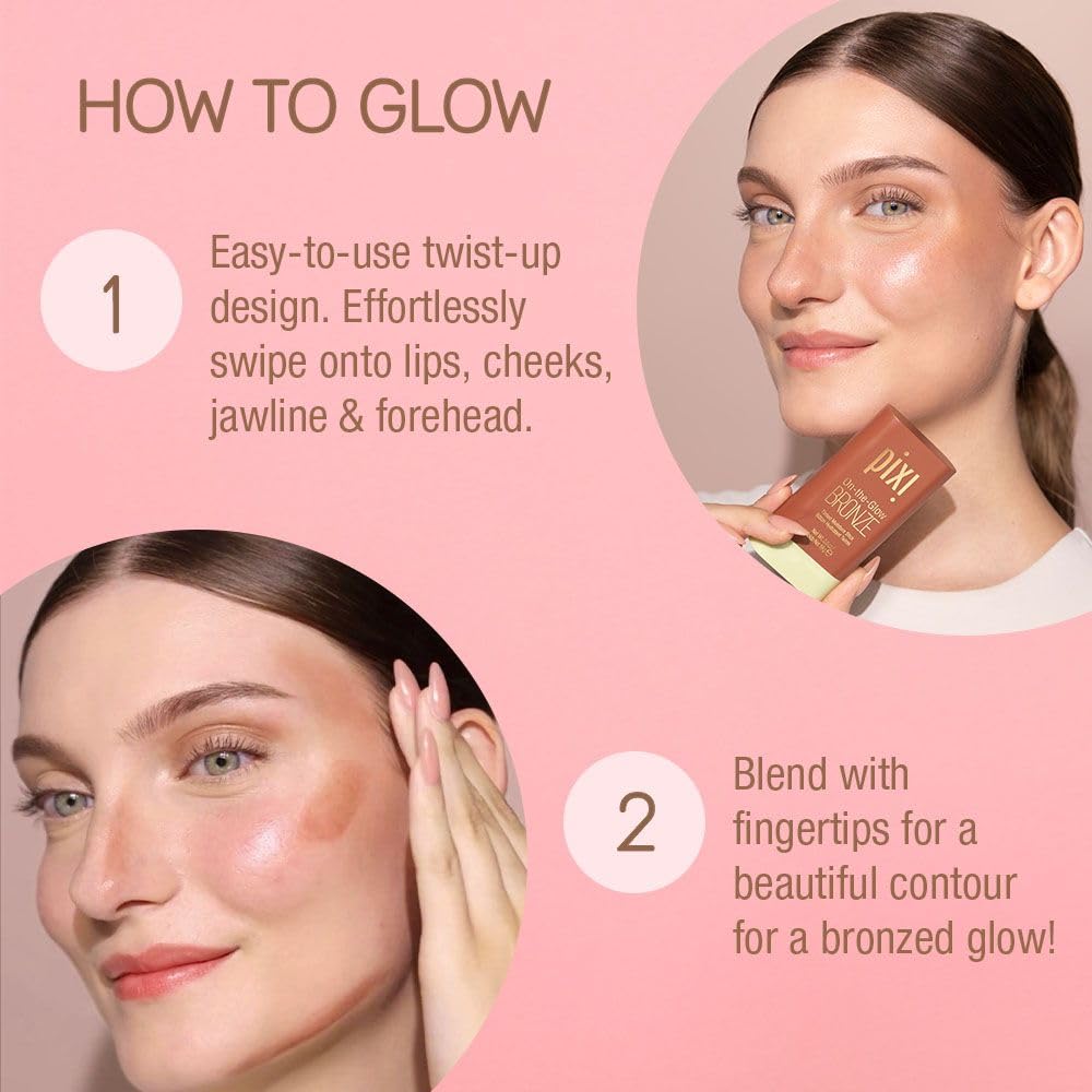 Pixi Bronze Éclatant – finition hydratante sur les lèvres et les joues.