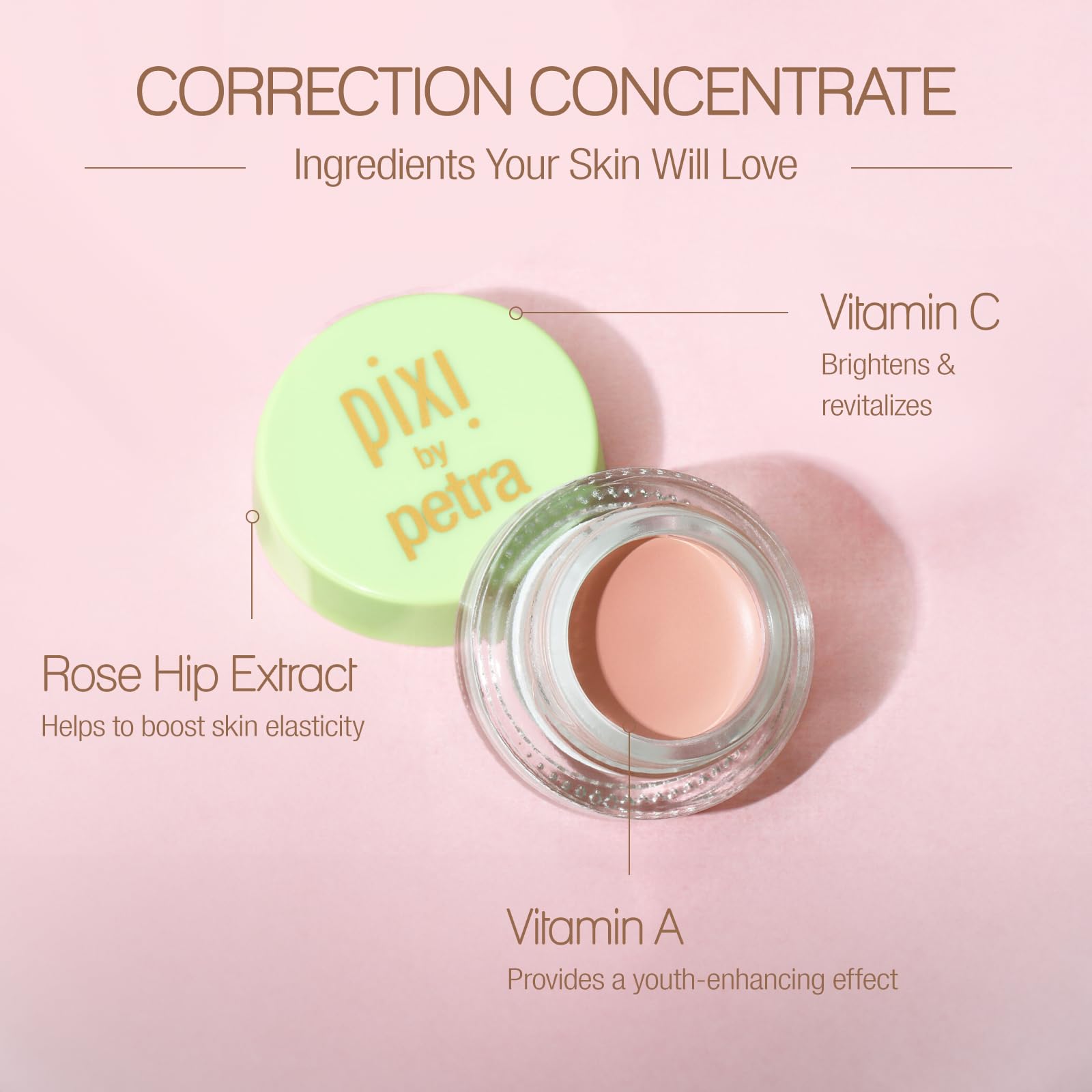Texture crème lumineuse de Pixi Correction Concentrate pêche prête à l’application.