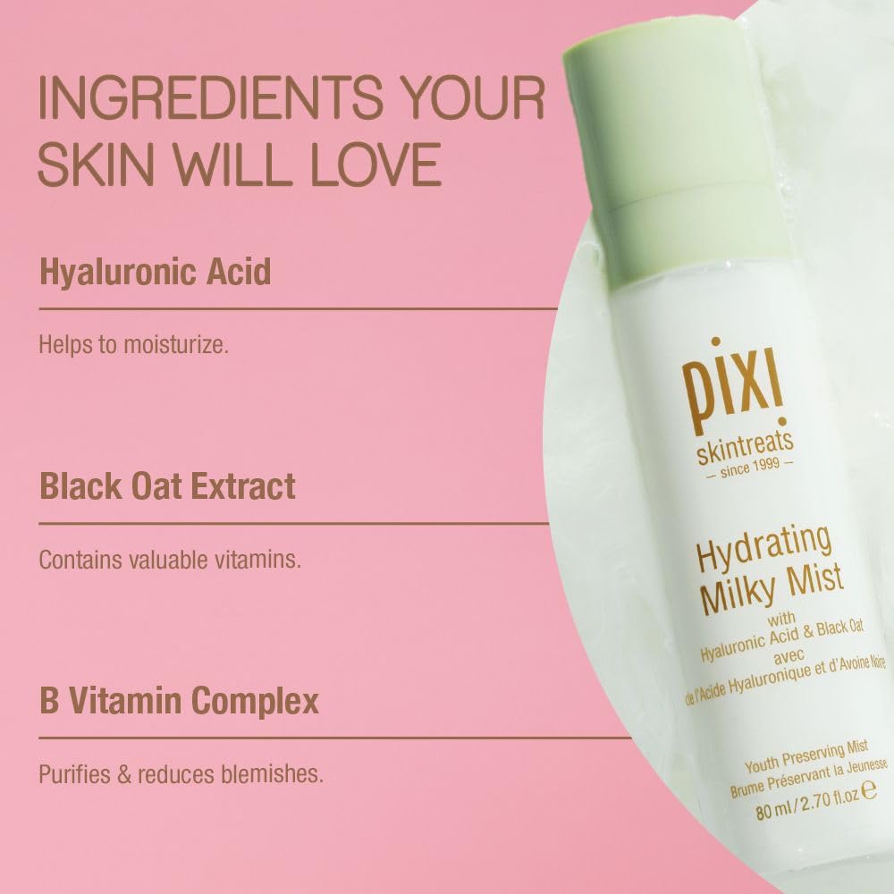 Pixi Milky Mist – acide hyaluronique pour hydratation rapide.