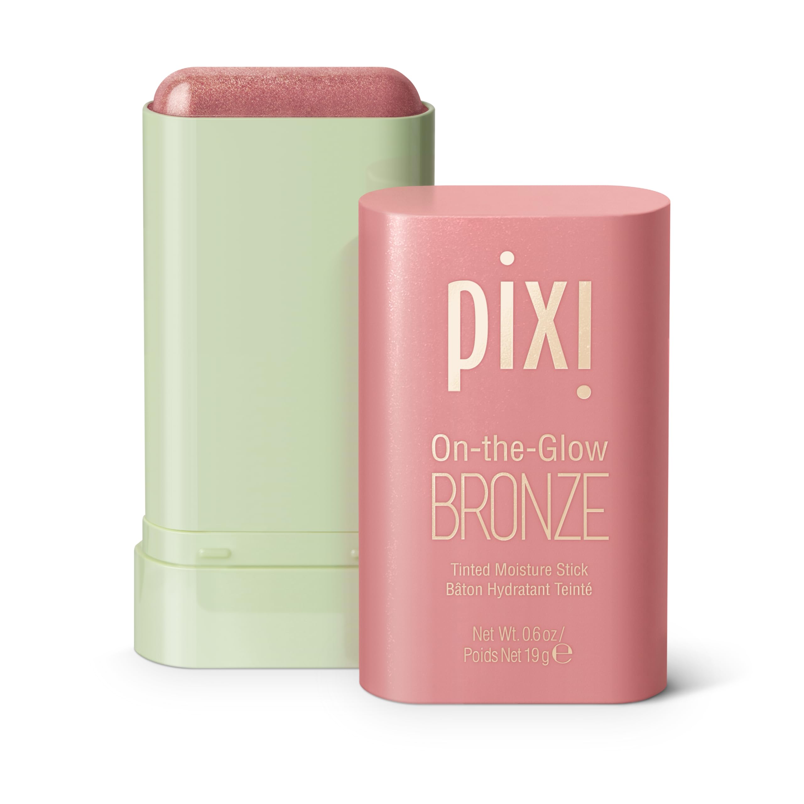 Pixi On-the-Glow Bronze baton hydratant, application sur joues et lèvres pour un éclat léger.