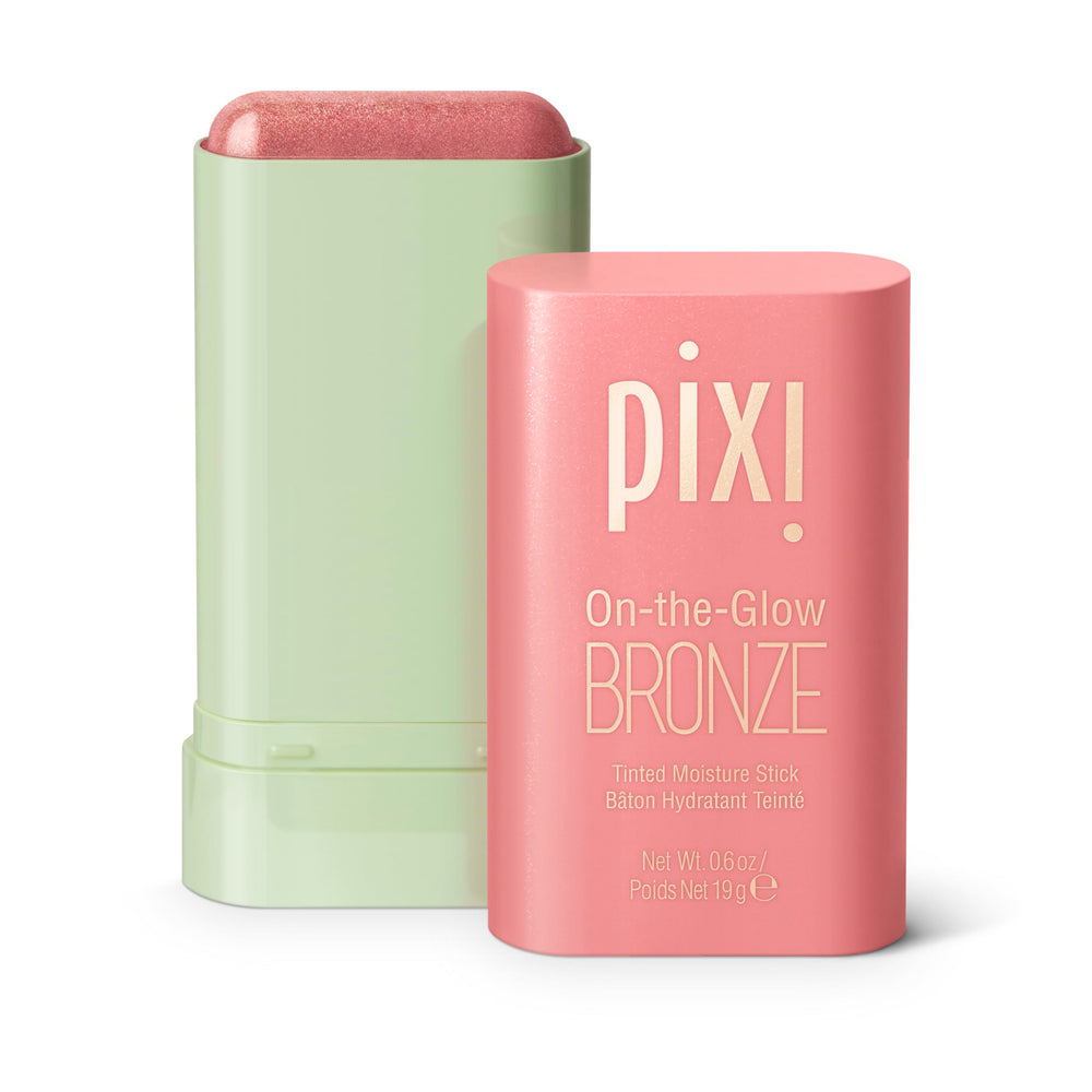 Pixi On-the-Glow Bronze baton hydratant, application sur joues et lèvres pour un éclat léger.