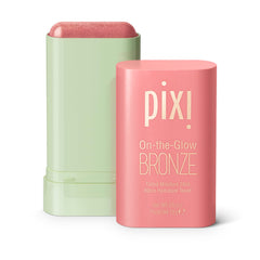Pixi On-the-Glow Bronze baton hydratant, application sur joues et lèvres pour un éclat léger.