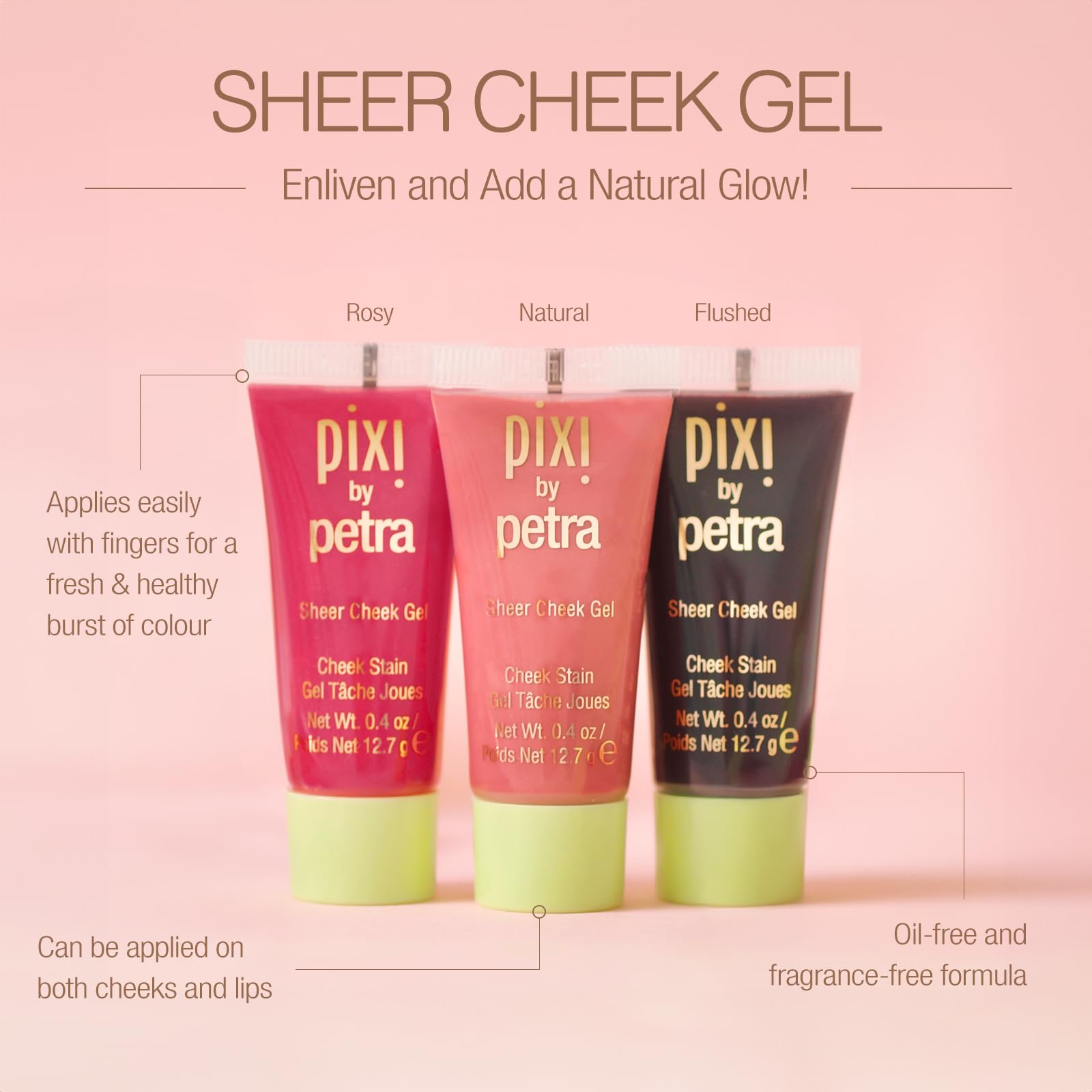 Texture lumineuse du gel blush Pixi, touche subtile et naturelle.